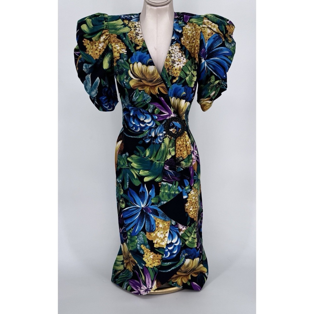 80s BB COLLECTIONS Tropical Floral Puff Sleeve Wrap Midi Dress Jewel Tone Size 6
